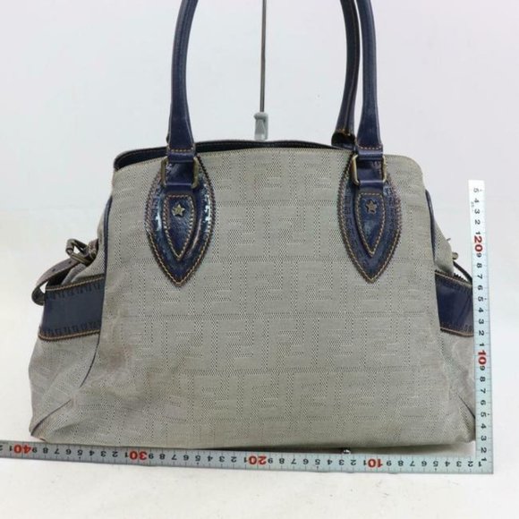 Fendi Du Jour Grommets Blue Zucco Print Calfskin Leather And Canvas Satchel - Picture 6 of 9